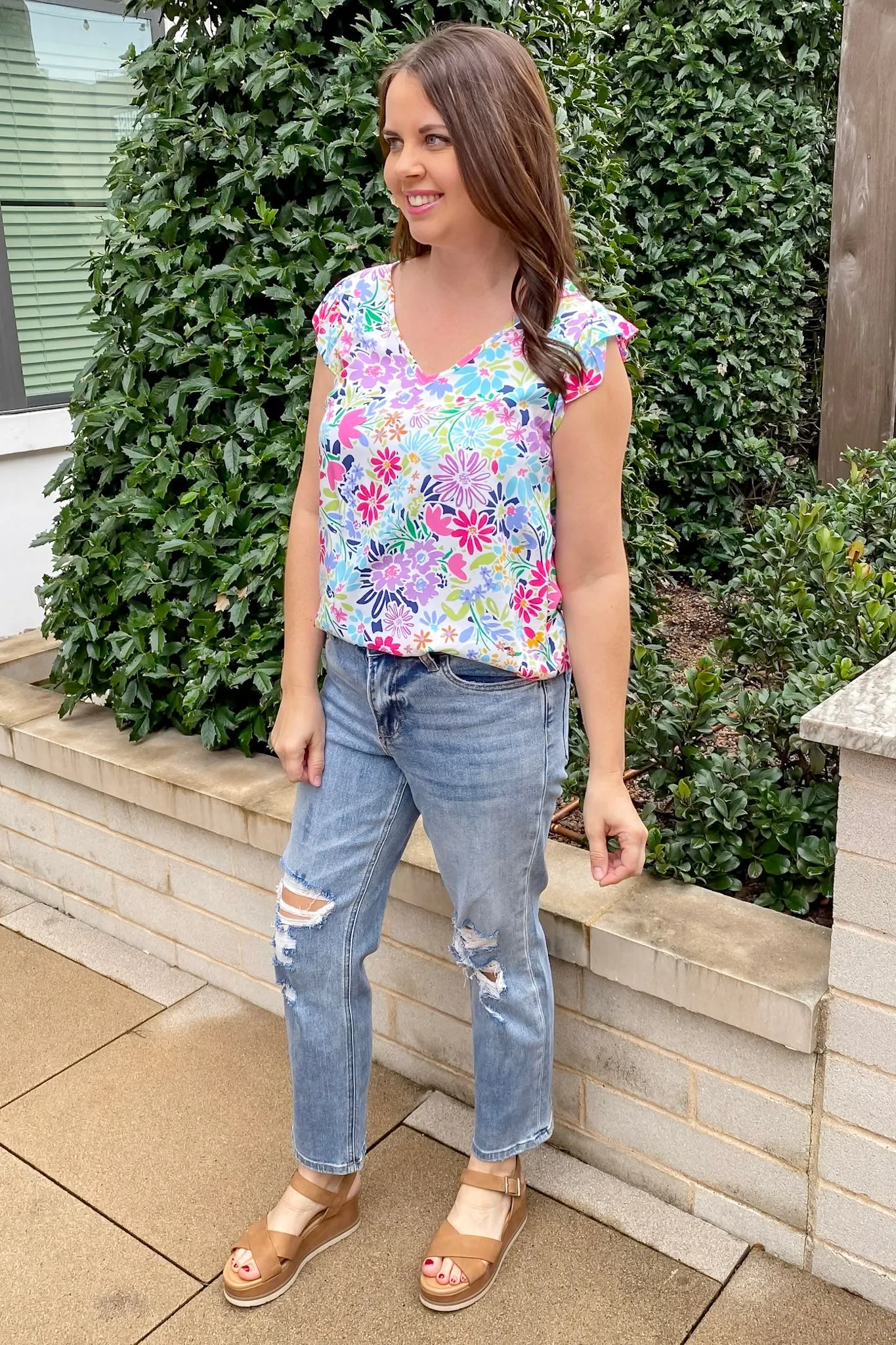 A Lil Ruffle V Neckline Floral Print Top