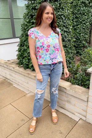 A Lil Ruffle V Neckline Floral Print Top