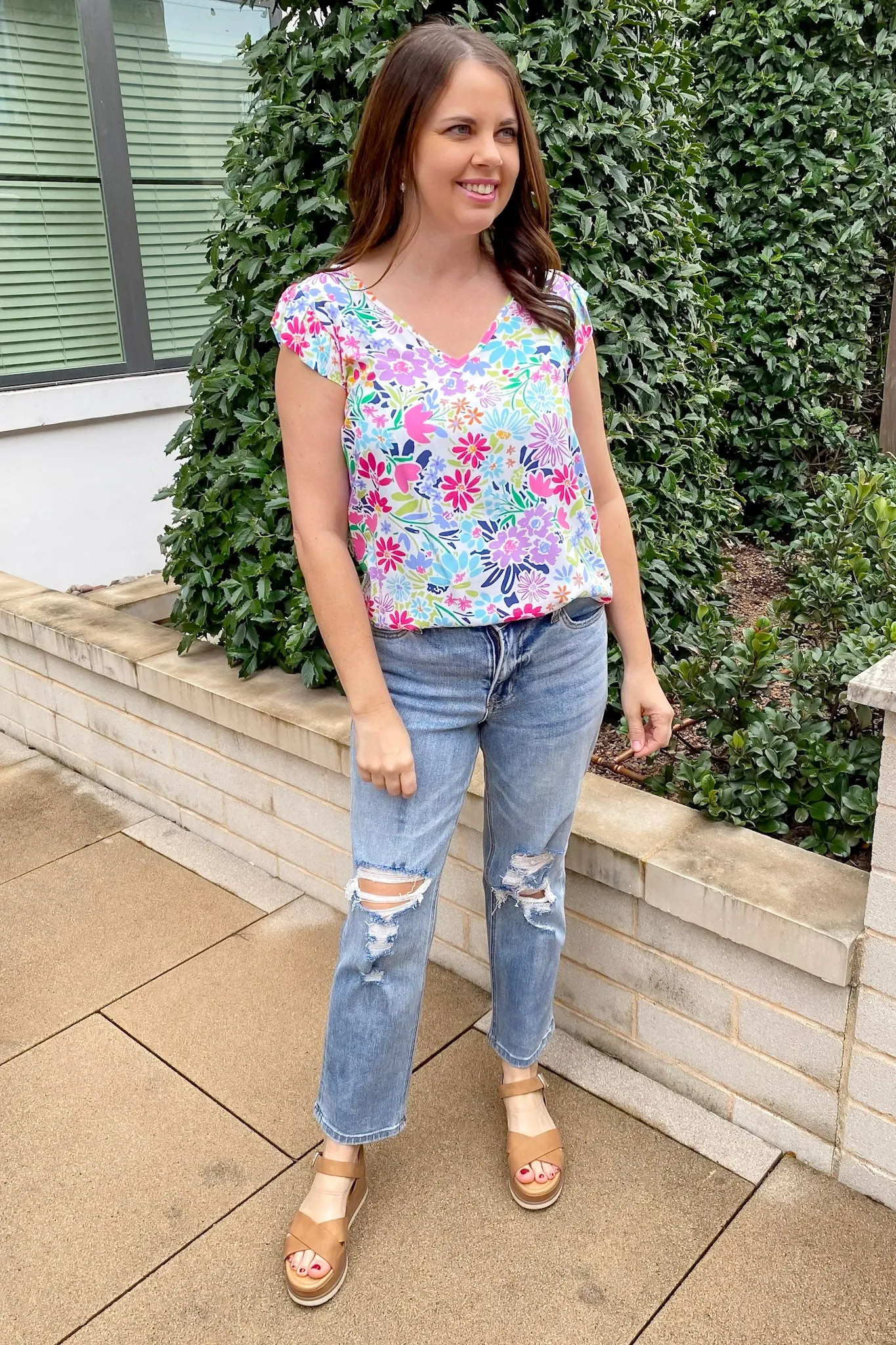 A Lil Ruffle V Neckline Floral Print Top