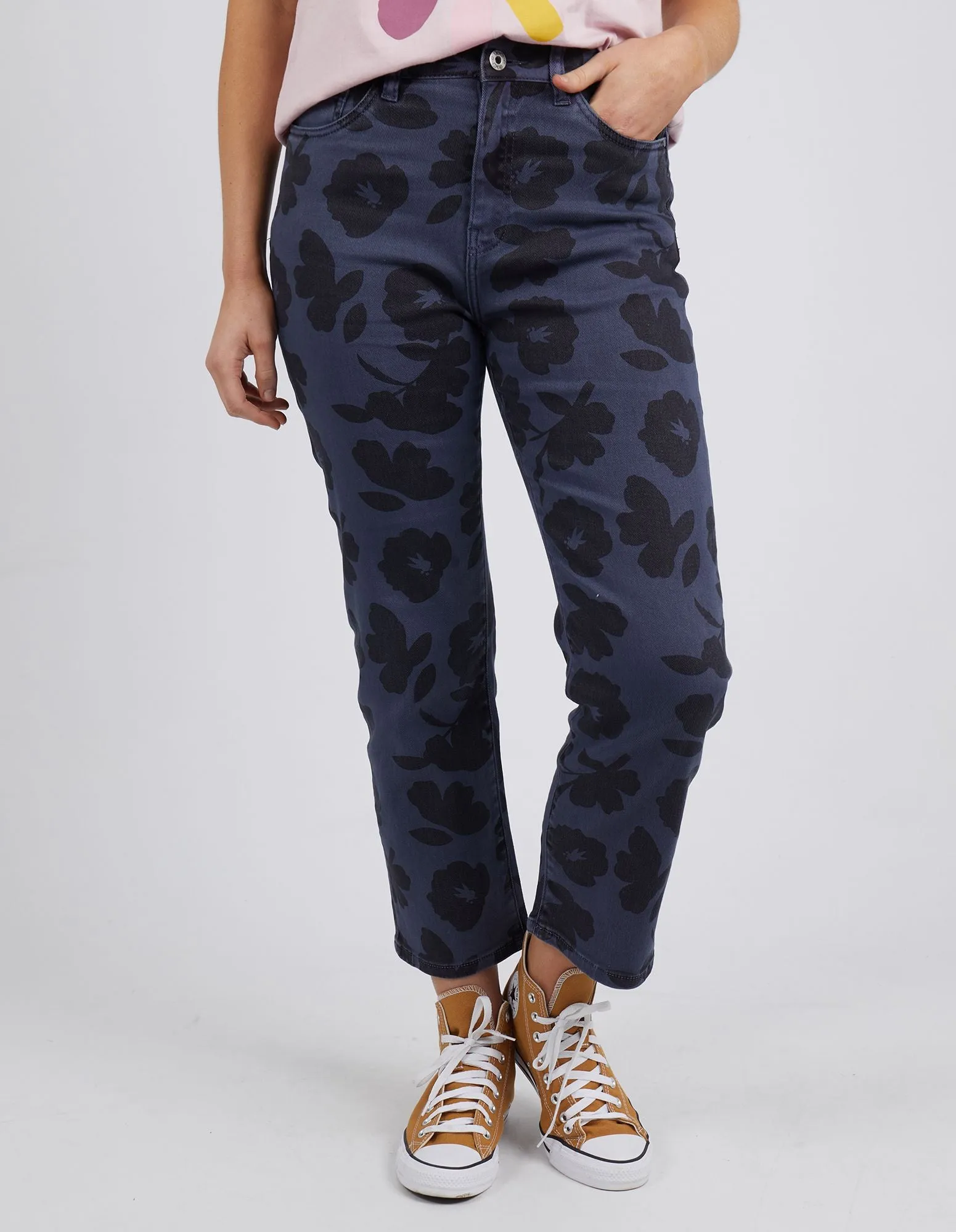 Ada Abstract Flower Straight Leg Jeans - Navy & Black