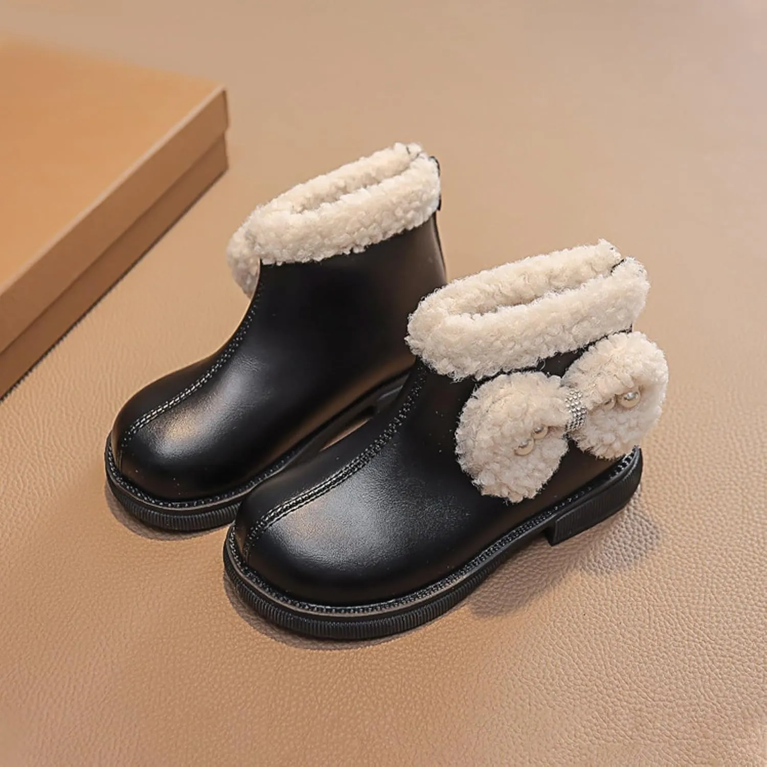 Big Kids Girls Winter Fleece Plush Ankle Booties PU Leather Water-Proof Faux  Lined Thick Comfortable Shoes