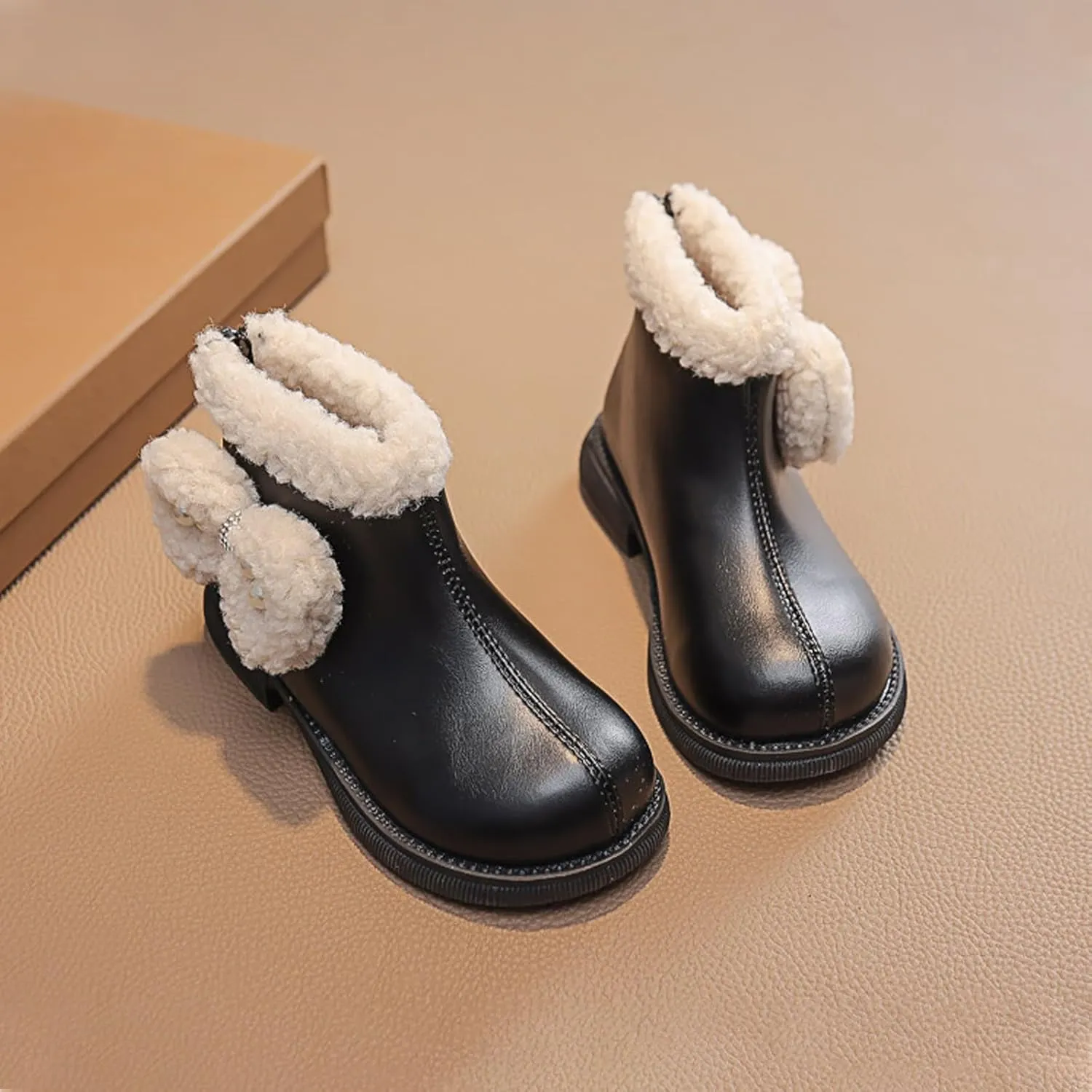 Big Kids Girls Winter Fleece Plush Ankle Booties PU Leather Water-Proof Faux  Lined Thick Comfortable Shoes