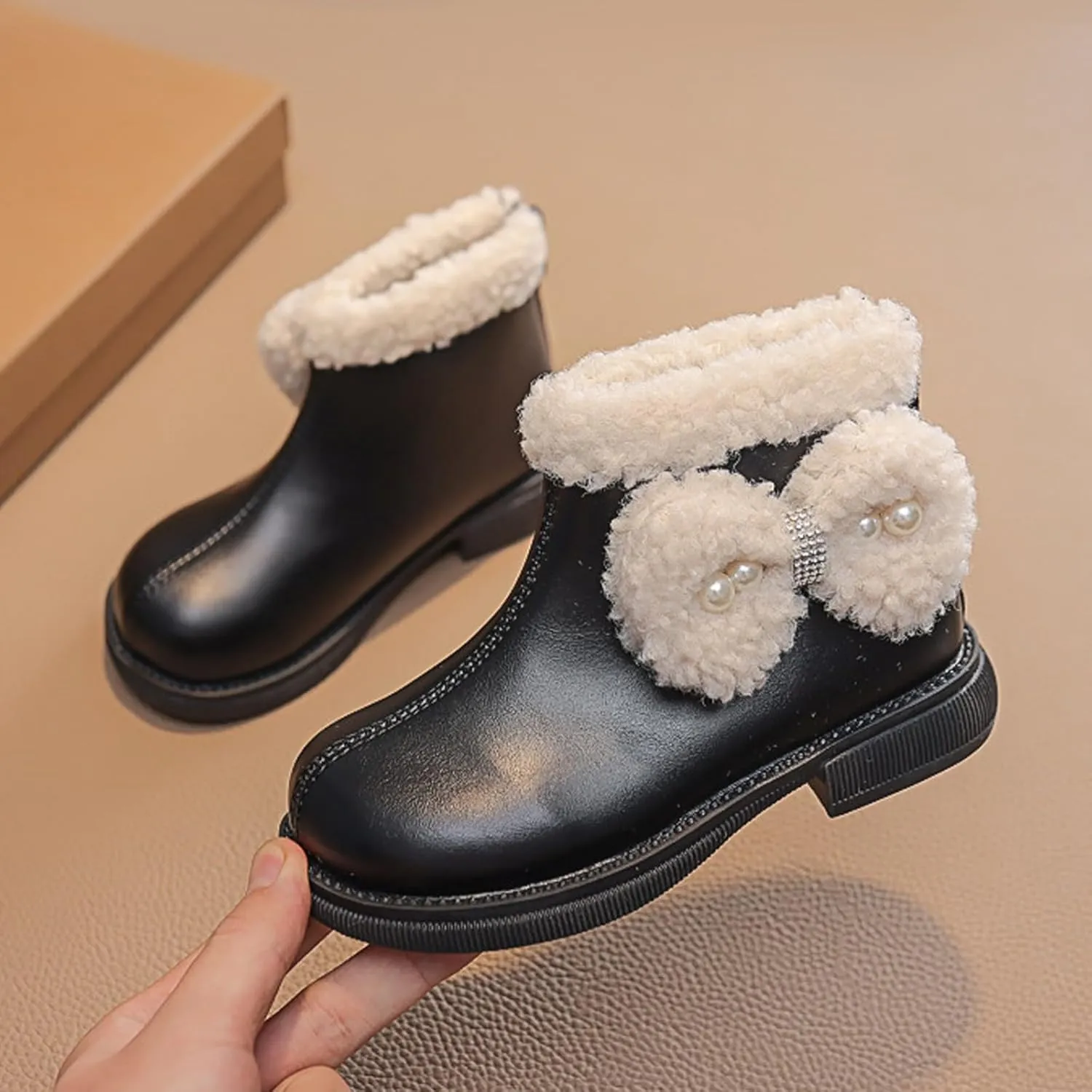 Big Kids Girls Winter Fleece Plush Ankle Booties PU Leather Water-Proof Faux  Lined Thick Comfortable Shoes