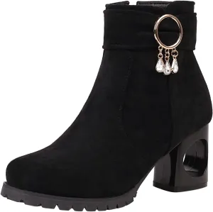 Black Booties for Women Ankle Brown Leather Booties Boots for Women Cowgirl Hiking Shoes Women Cozy Warm Lightweight Round Toe Suede Stacked Heel