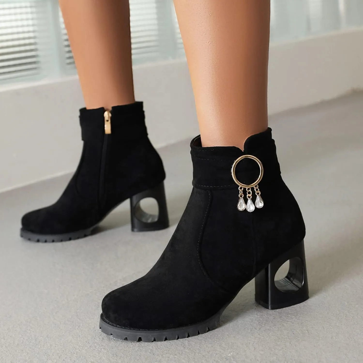 Black Booties for Women Ankle Brown Leather Booties Boots for Women Cowgirl Hiking Shoes Women Cozy Warm Lightweight Round Toe Suede Stacked Heel