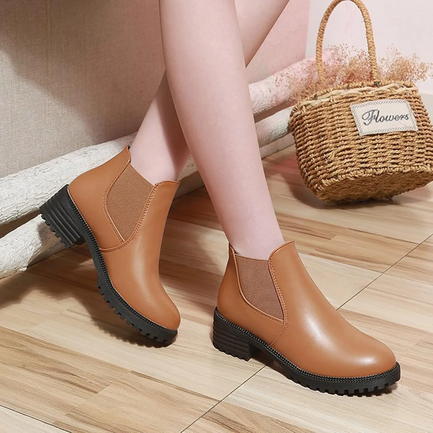 Black Booties for Women Ankle Brown Leather Booties Boots for Women Cowgirl Hiking Shoes Women Cozy Warm Lightweight Round Toe Suede Stacked Heel