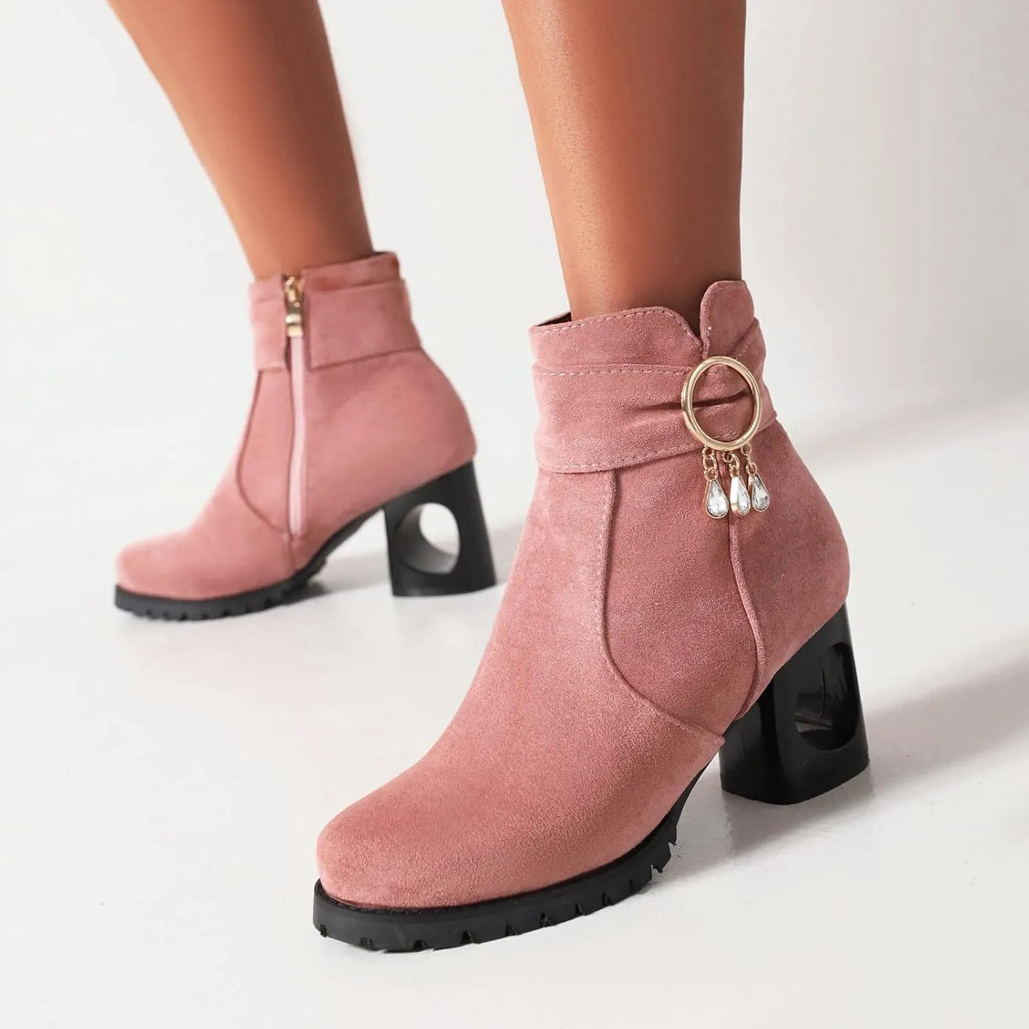 Black Booties for Women Ankle Brown Leather Booties Boots for Women Cowgirl Hiking Shoes Women Cozy Warm Lightweight Round Toe Suede Stacked Heel