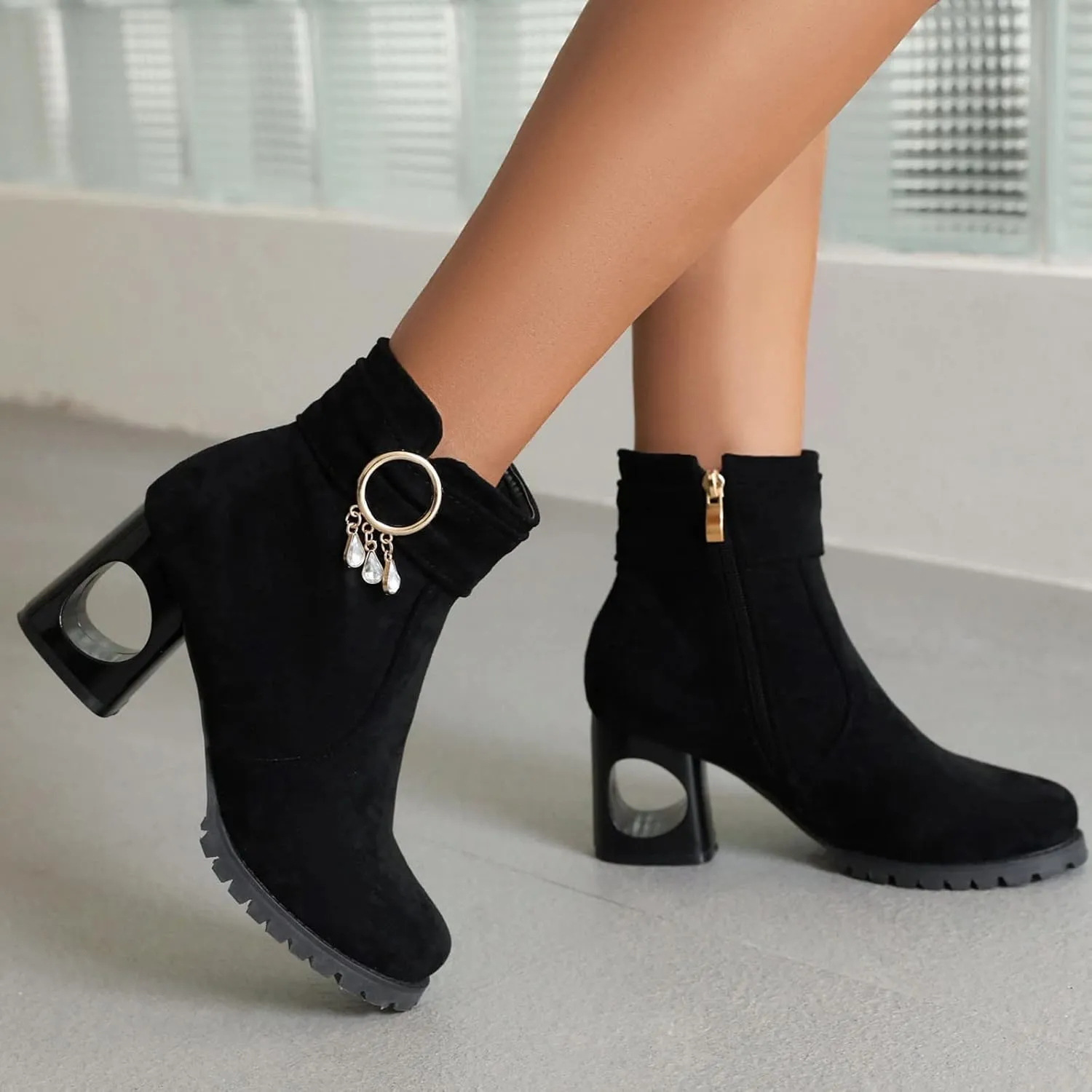 Black Booties for Women Ankle Brown Leather Booties Boots for Women Cowgirl Hiking Shoes Women Cozy Warm Lightweight Round Toe Suede Stacked Heel