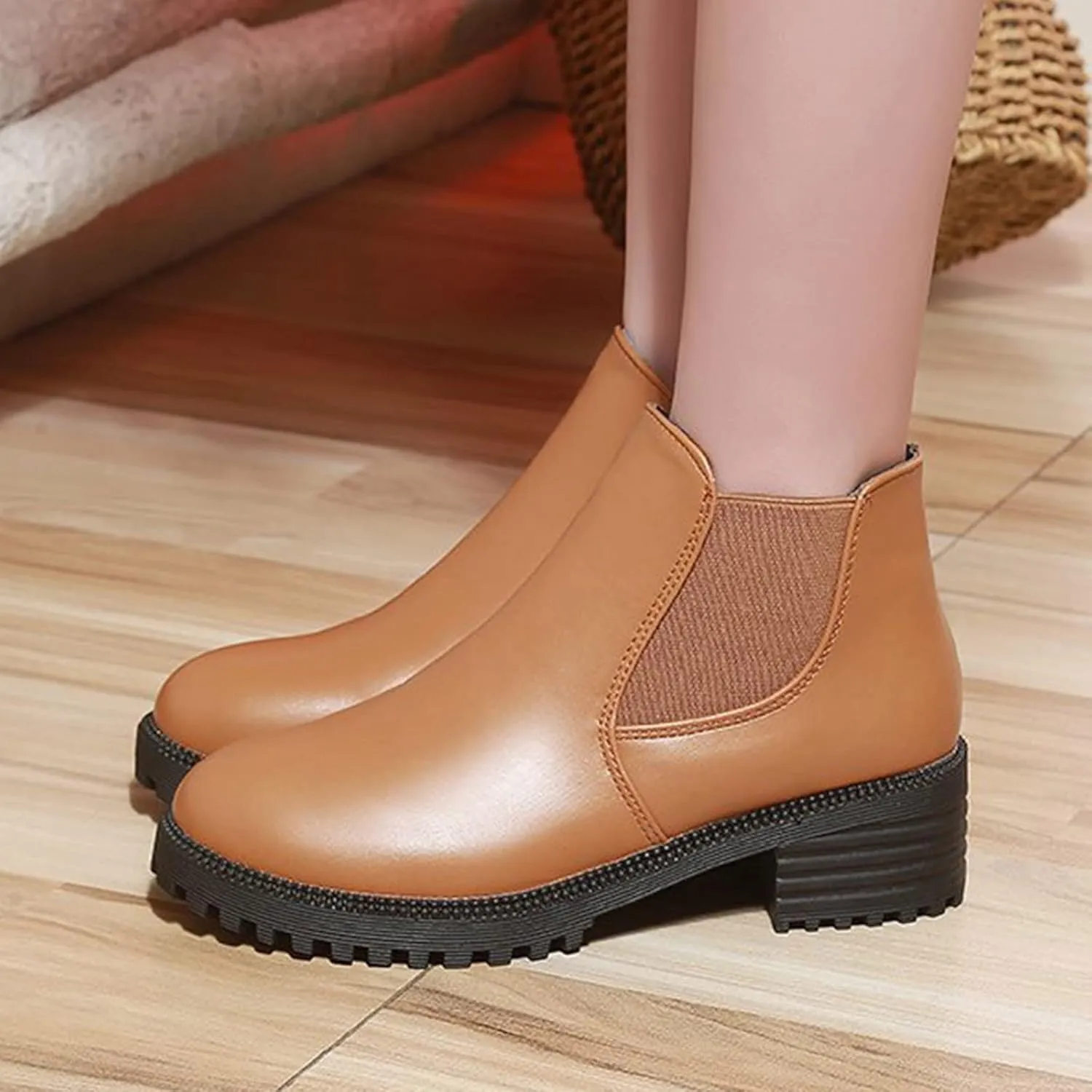 Black Booties for Women Ankle Brown Leather Booties Boots for Women Cowgirl Hiking Shoes Women Cozy Warm Lightweight Round Toe Suede Stacked Heel