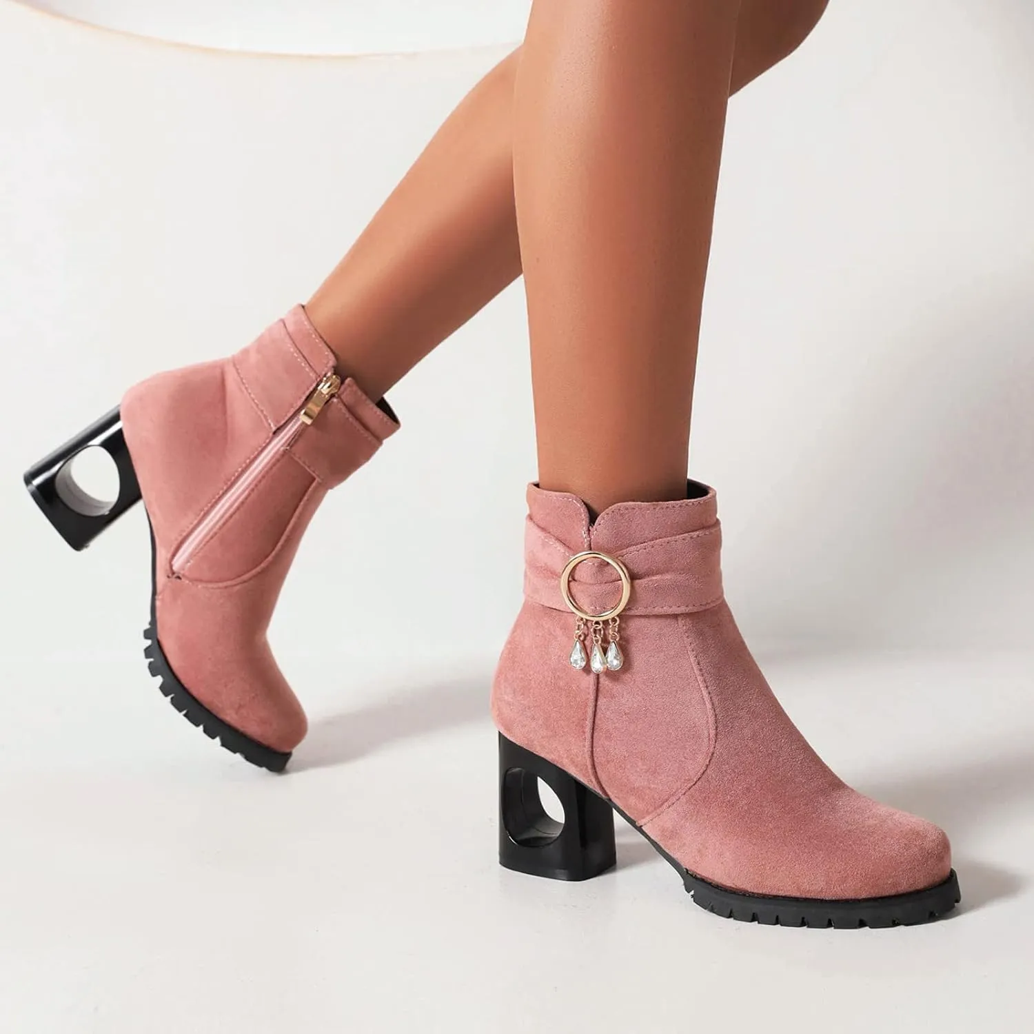 Black Booties for Women Ankle Brown Leather Booties Boots for Women Cowgirl Hiking Shoes Women Cozy Warm Lightweight Round Toe Suede Stacked Heel