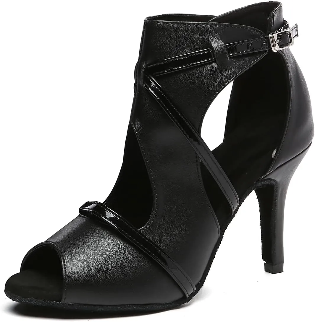 Black Dance Heels for Women Booties High Heels Peep Toe Ballroom Dancer Heels 3 1/3 inch Dance Shoes Latin Salsa Zipper Dancing Shoes Suede Sole