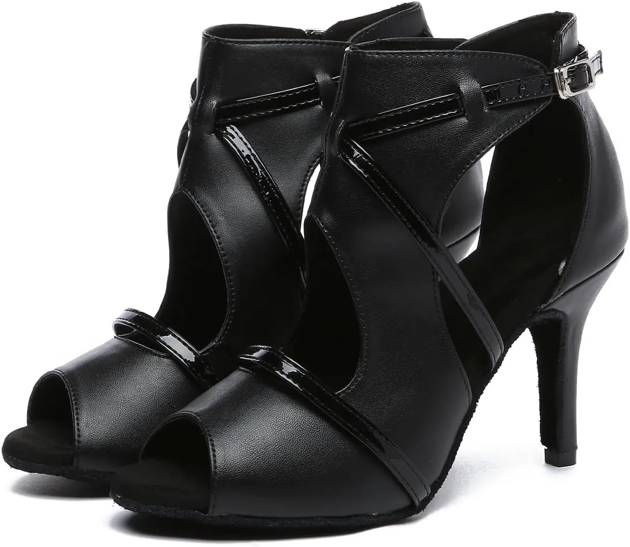Black Dance Heels for Women Booties High Heels Peep Toe Ballroom Dancer Heels 3 1/3 inch Dance Shoes Latin Salsa Zipper Dancing Shoes Suede Sole