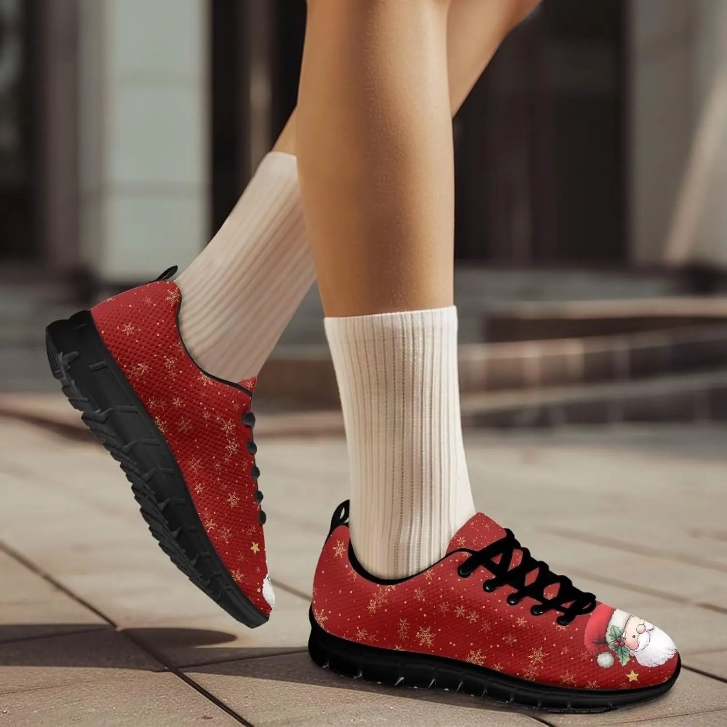 Christmas Sneakers for Women Cozy Lace Up Low-Top Anti-Slip Sport Workout Running Sneakers for Ladies Flat Outdoor Hiking Shoes for Teen Girls US 5-12