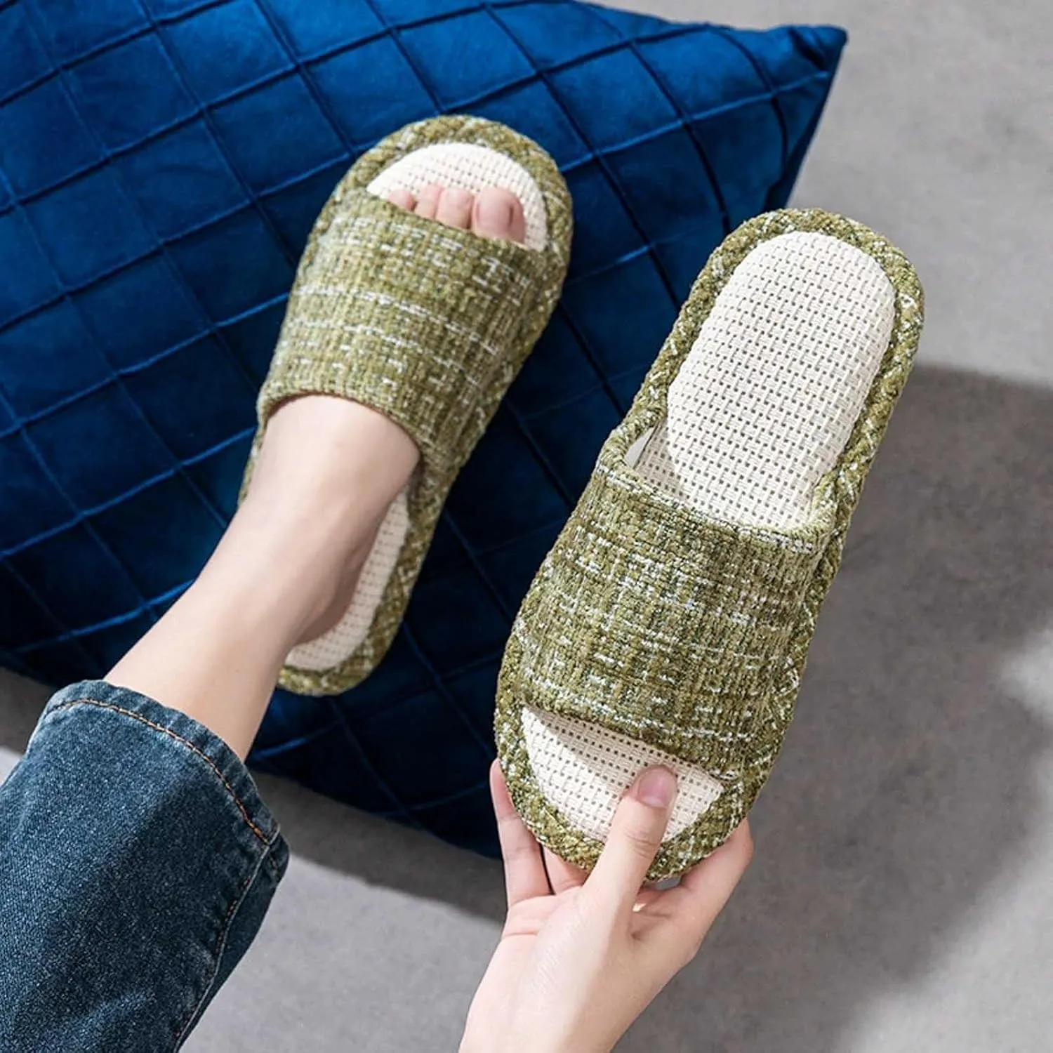 Couples Fashion Open Toe Cloth Mute Slippers Men's and Women's Linen Home Shoes Women Bed Slippers Size 11
