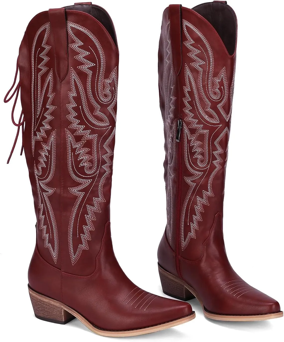 Cowboy Boots For Women Embroidered Wide Calf Boots With Back Lace Up Chunky Block Heels Pointed Toe Western Cowgirl Boot Comfortable Tall Boots for Prom Casual Trendy Shoes