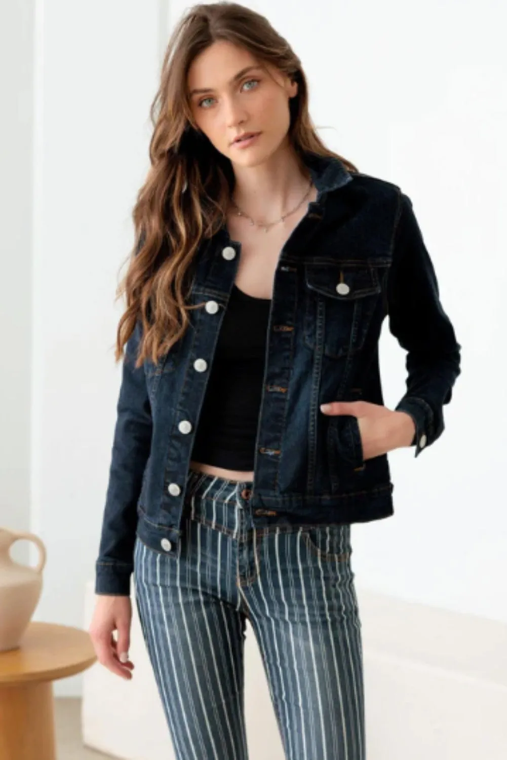 Dark Wash Front Pockets Gold Buttons Denim Jacket