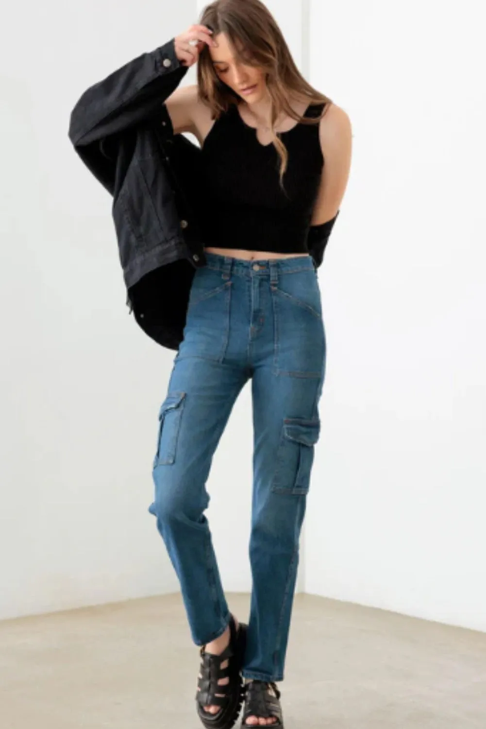 Dark Wash Front Pockets Gold Buttons Denim Jacket