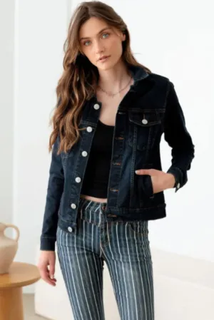 Dark Wash Front Pockets Gold Buttons Denim Jacket