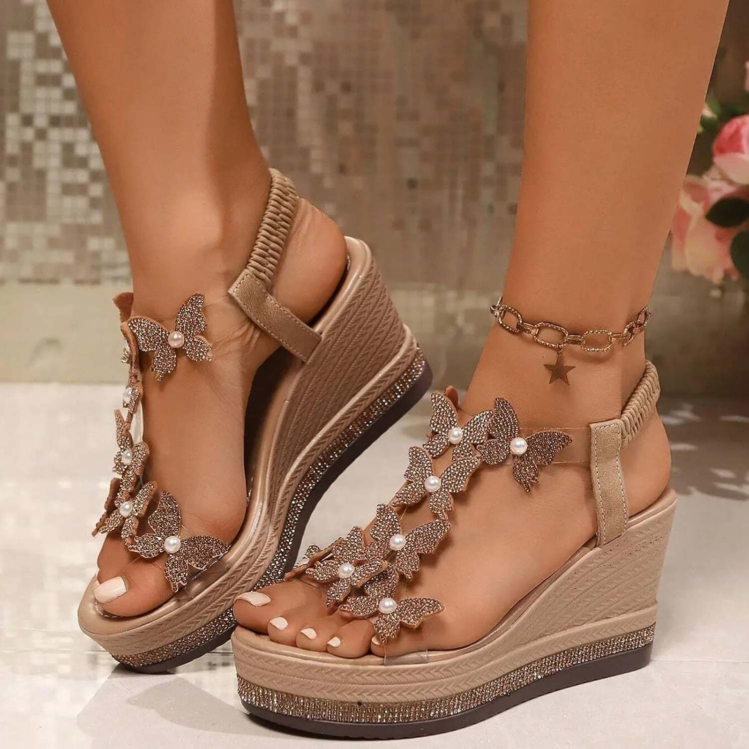 Espadrilles Rhinestone Wedges Sandals for Women,Platform Fashionable Butterfly Decoration Rhinestones Summer Dressy Open Toe Sandals Bohemian Beach Walking Party Elastic Ankle Strap Shoes