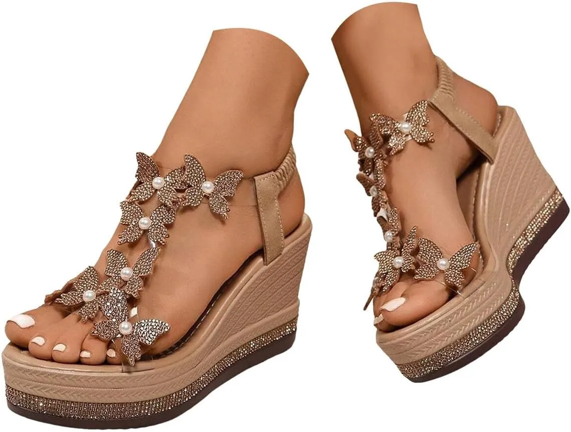 Espadrilles Rhinestone Wedges Sandals for Women,Platform Fashionable Butterfly Decoration Rhinestones Summer Dressy Open Toe Sandals Bohemian Beach Walking Party Elastic Ankle Strap Shoes