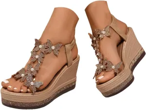 Espadrilles Rhinestone Wedges Sandals for Women,Platform Fashionable Butterfly Decoration Rhinestones Summer Dressy Open Toe Sandals Bohemian Beach Walking Party Elastic Ankle Strap Shoes