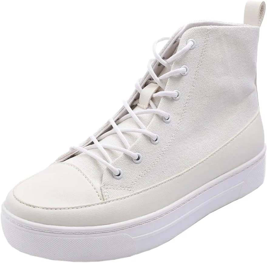 FEVERSOLE Women's Canvas Vegan Leather Lightweight Platform Lace-Up Street Sneakers Booties White Canvas PU Platform Size 6.5 M US