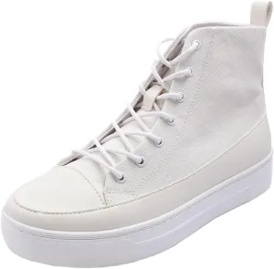FEVERSOLE Women's Canvas Vegan Leather Lightweight Platform Lace-Up Street Sneakers Booties White Canvas PU Platform Size 6.5 M US