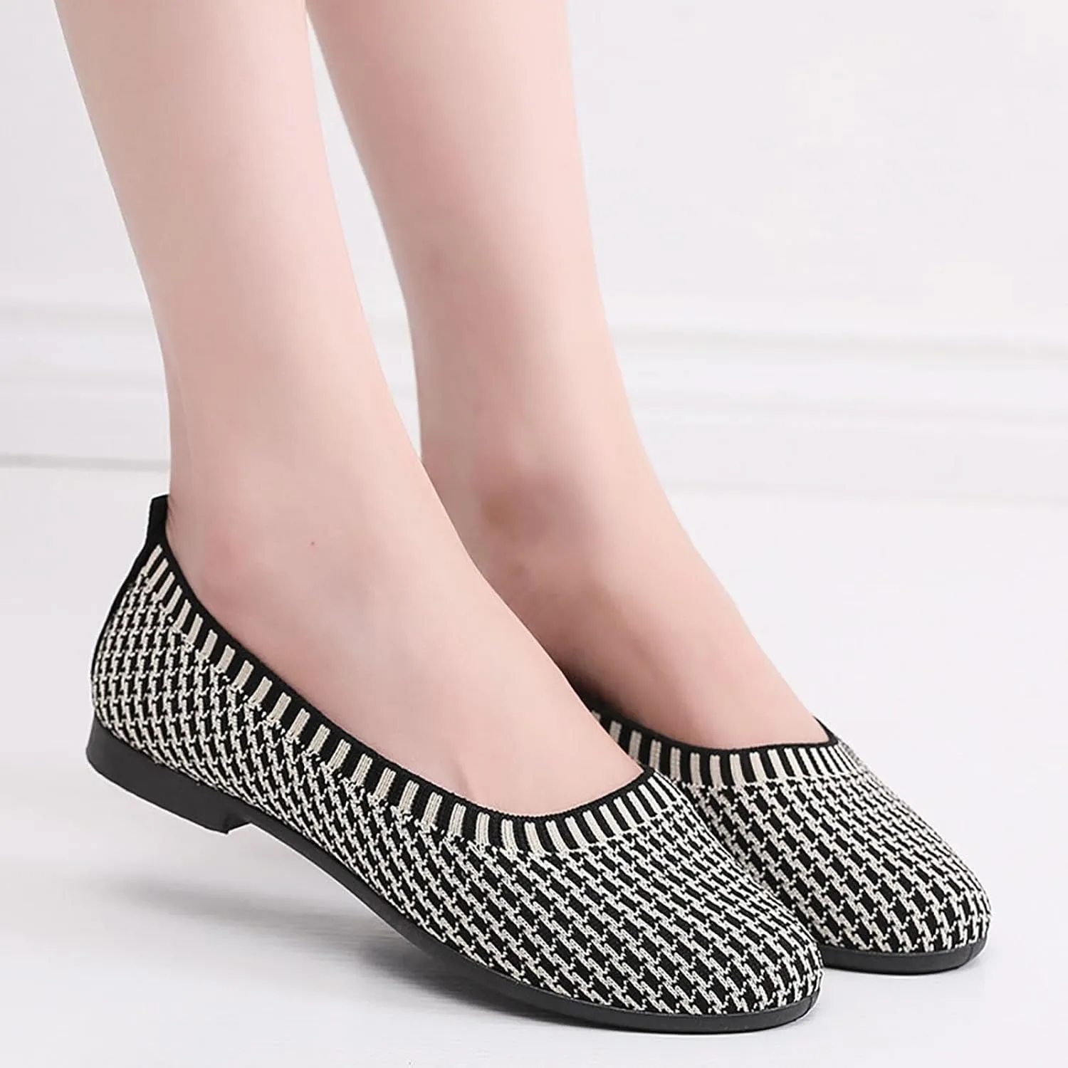 Flat Shoes for Women Round Toe Ballet Leisure Shoes with Arch Support Washable Comfortable Knit Shoes Men House Shoes