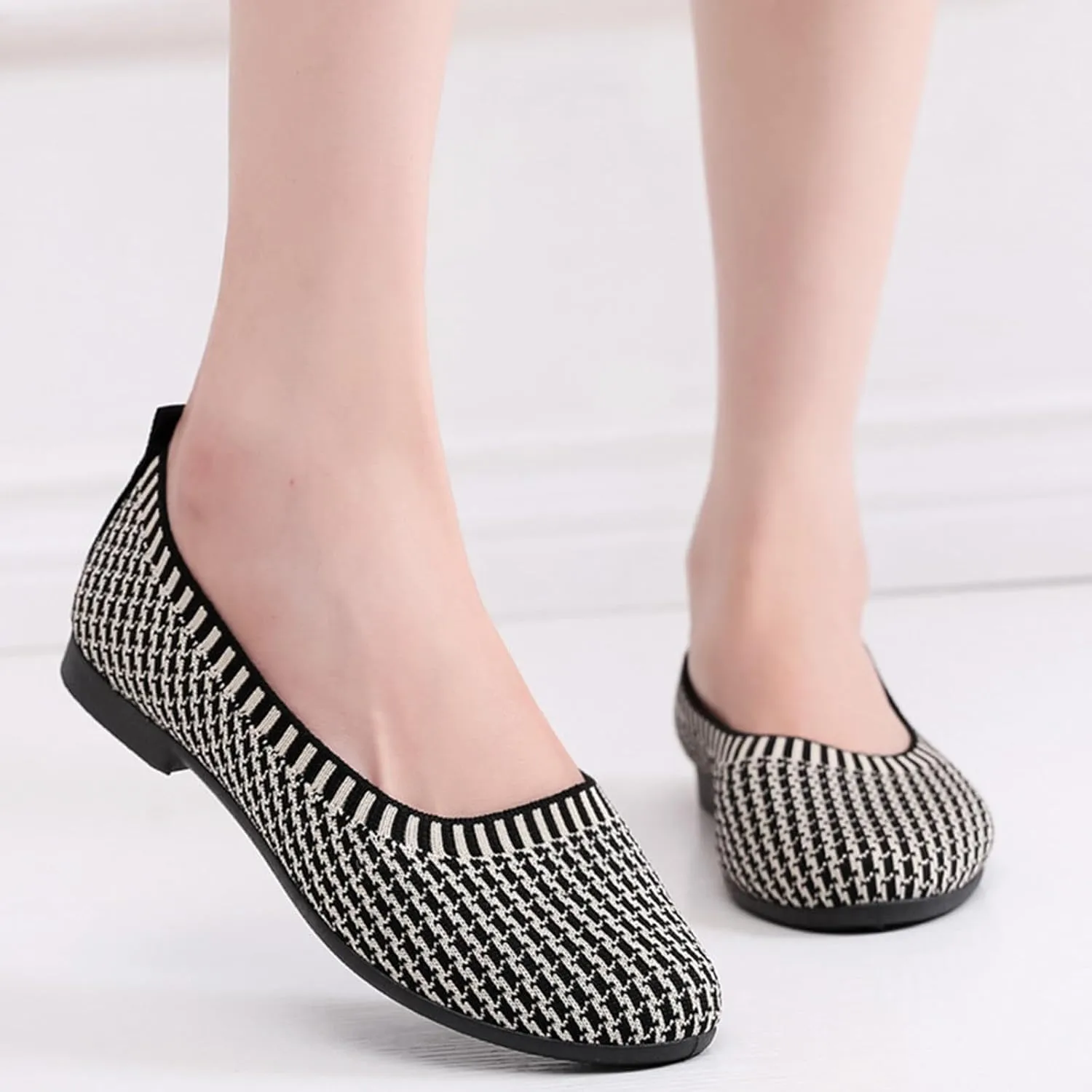 Flat Shoes for Women Round Toe Ballet Leisure Shoes with Arch Support Washable Comfortable Knit Shoes Men House Shoes