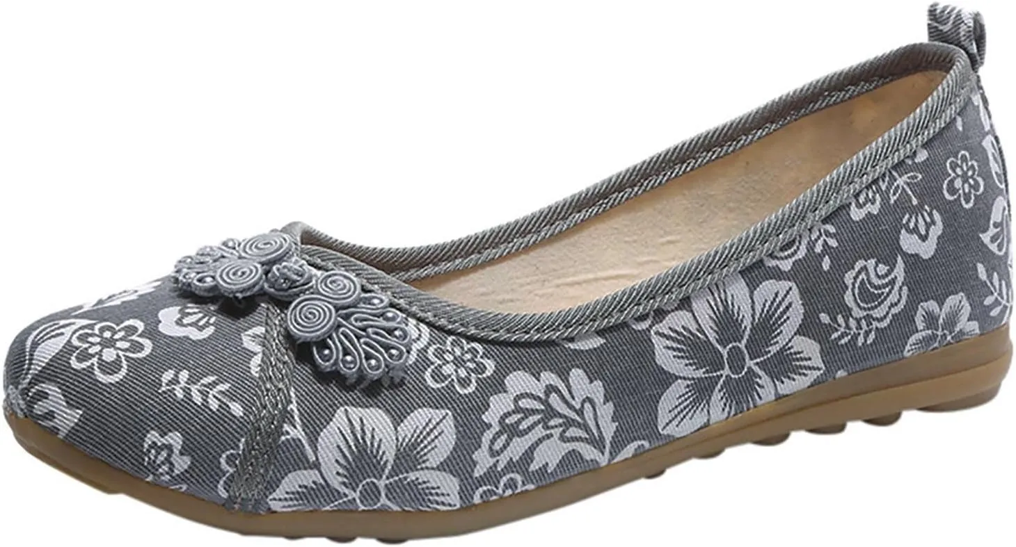 Floral Print Button Decor Ballet For Women Slip On Shallow Mouth Simple Single Shoes Casual Shoes Work Shoes Walking Mesh Knit Dress Outdoor Soft Non Slip Slip on sport sock O54-Grey