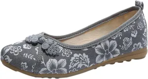 Floral Print Button Decor Ballet For Women Slip On Shallow Mouth Simple Single Shoes Casual Shoes Work Shoes Walking Mesh Knit Dress Outdoor Soft Non Slip Slip on sport sock O54-Grey