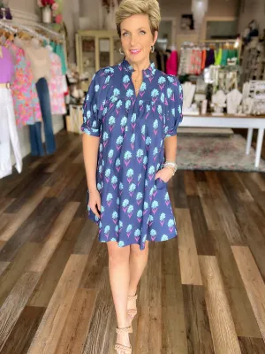 Floral Print Mini Dress with a Ruffled Neck and Short Puff Sleeves