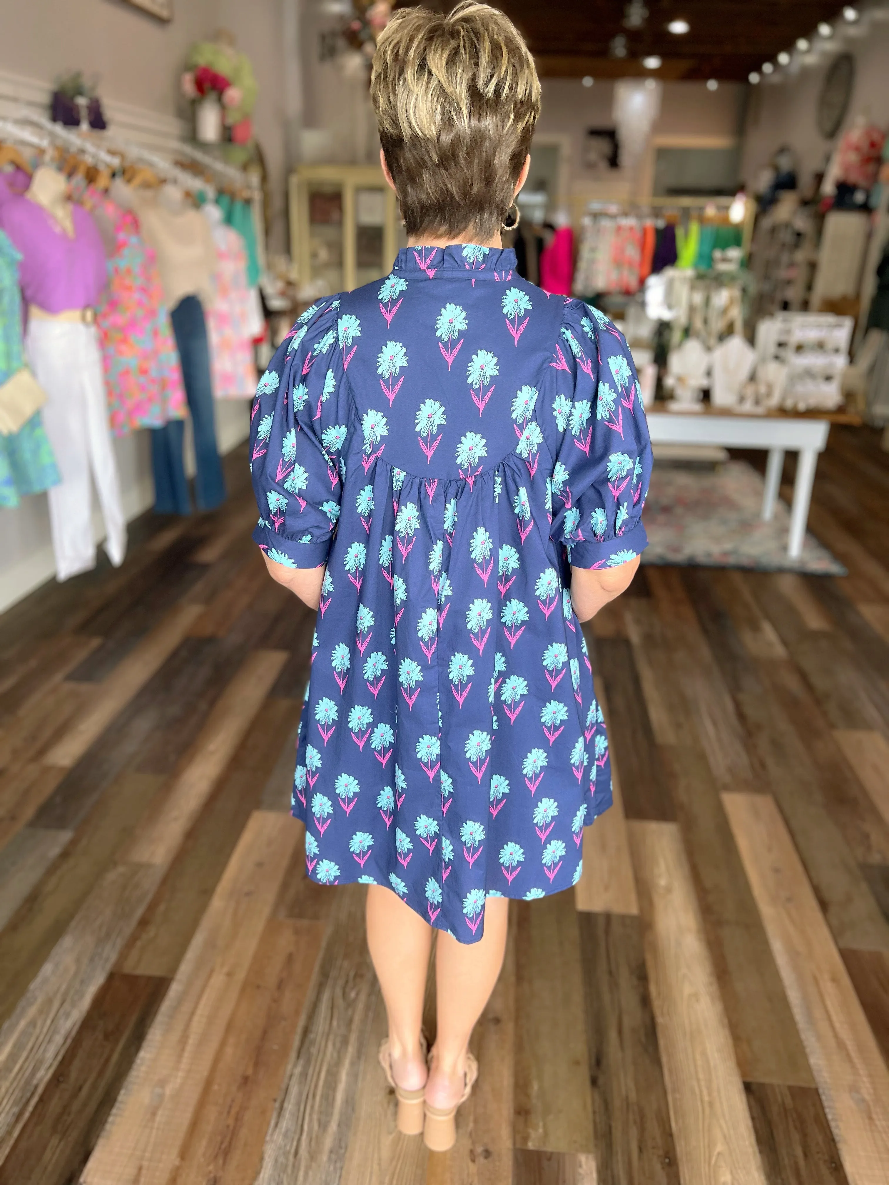 Floral Print Mini Dress with a Ruffled Neck and Short Puff Sleeves