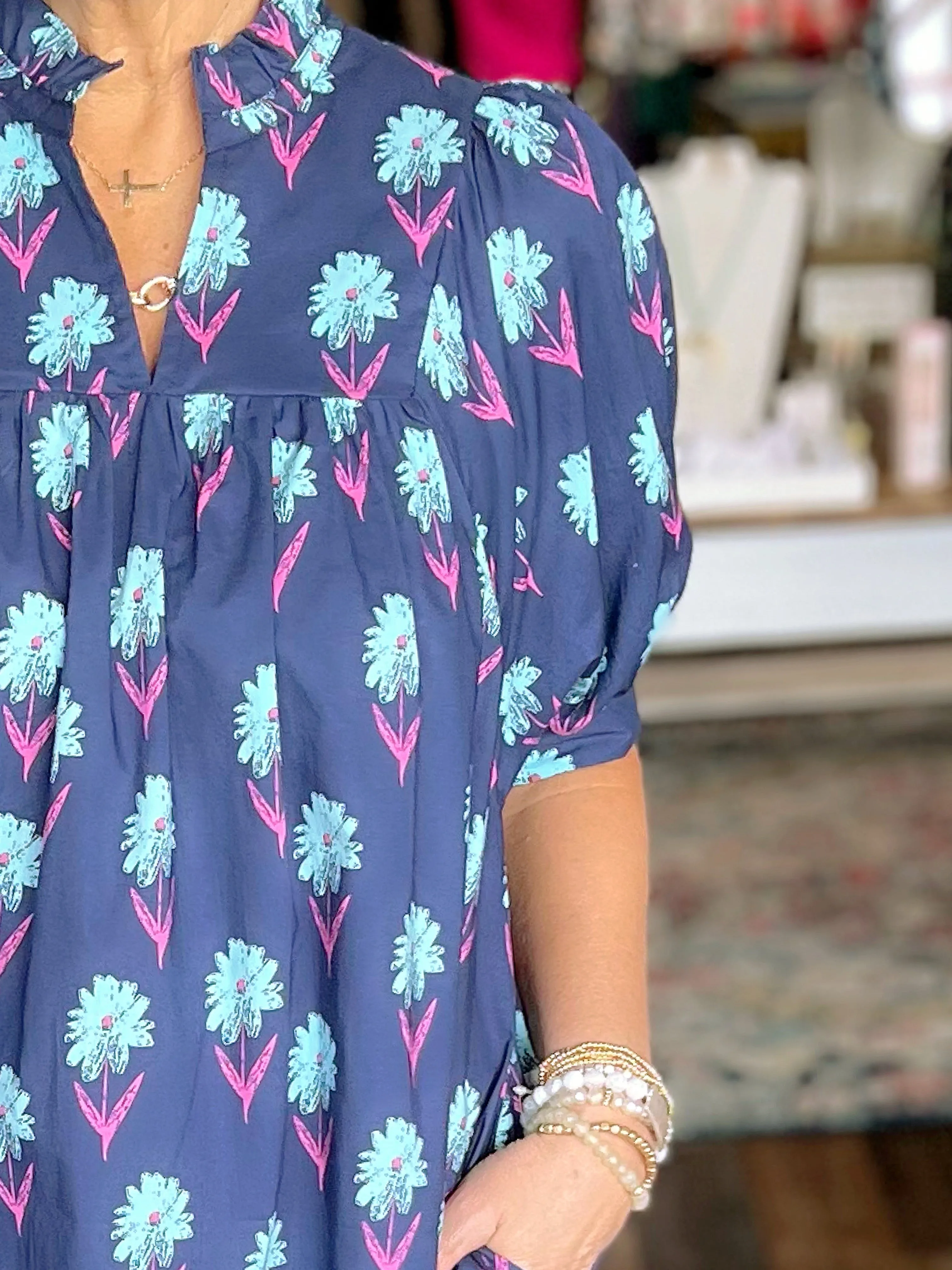 Floral Print Mini Dress with a Ruffled Neck and Short Puff Sleeves