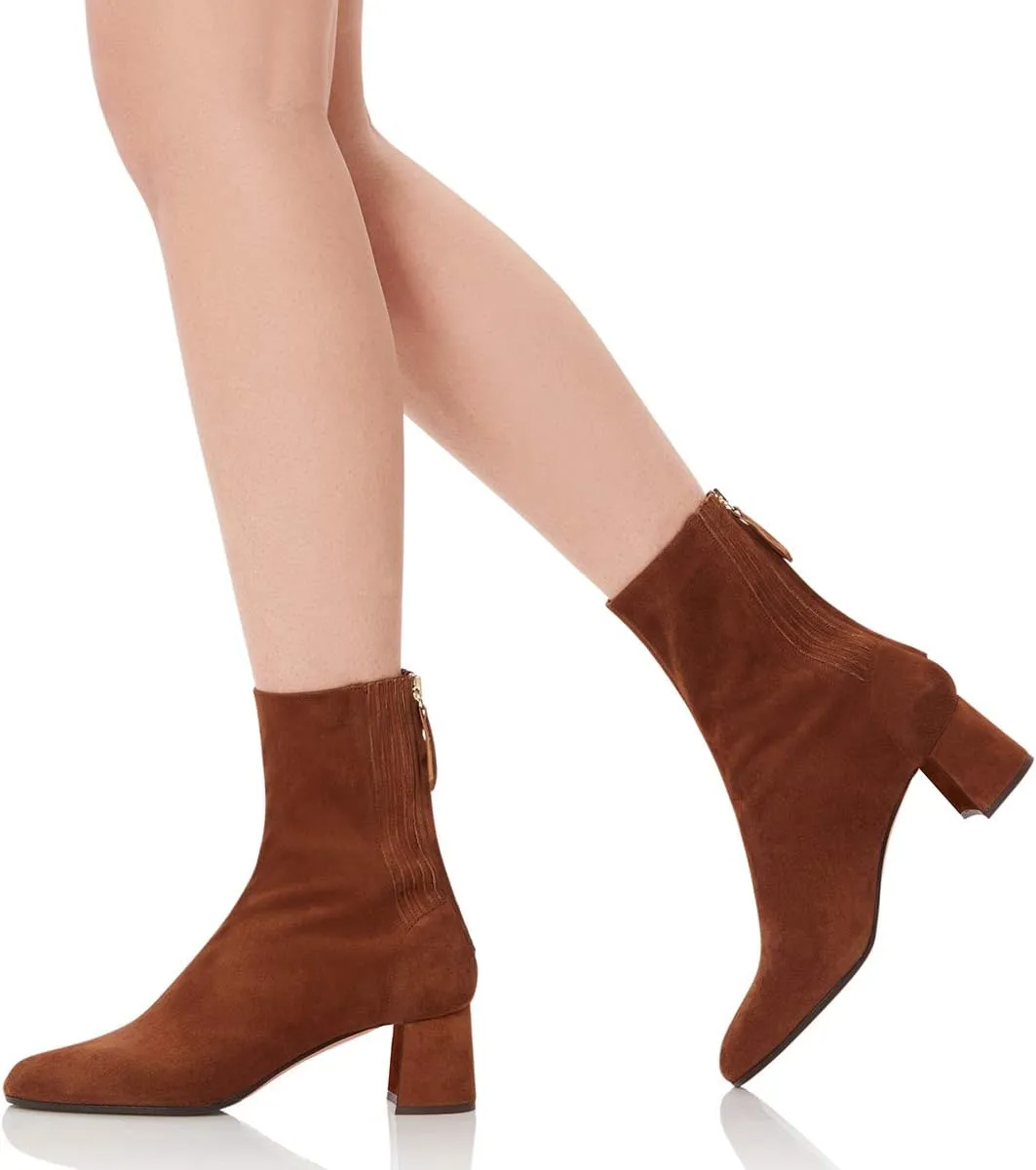 FSJ Women Classic Round Toe Low Chunky Block Heel Ankle Boots Trendy Back Zipper Winter Booties Suede Party Dress Shoes Size 4-15 US