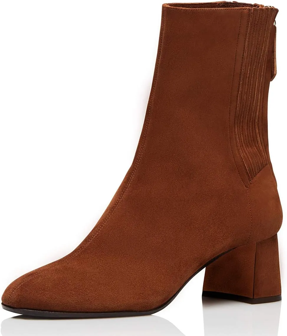 FSJ Women Classic Round Toe Low Chunky Block Heel Ankle Boots Trendy Back Zipper Winter Booties Suede Party Dress Shoes Size 4-15 US