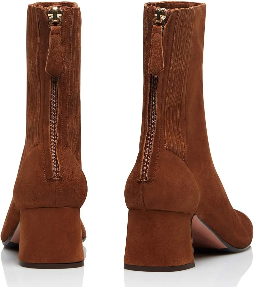 FSJ Women Classic Round Toe Low Chunky Block Heel Ankle Boots Trendy Back Zipper Winter Booties Suede Party Dress Shoes Size 4-15 US