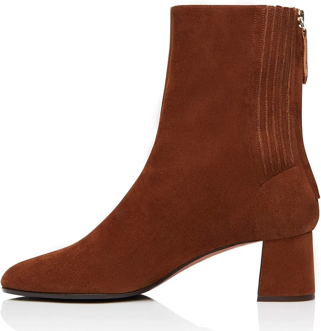 FSJ Women Classic Round Toe Low Chunky Block Heel Ankle Boots Trendy Back Zipper Winter Booties Suede Party Dress Shoes Size 4-15 US