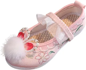 Girls Flat Bottomed Bunny Embroidered Sandals Fashionable Children Vintage Retro Performance Dress Shoes for Kids