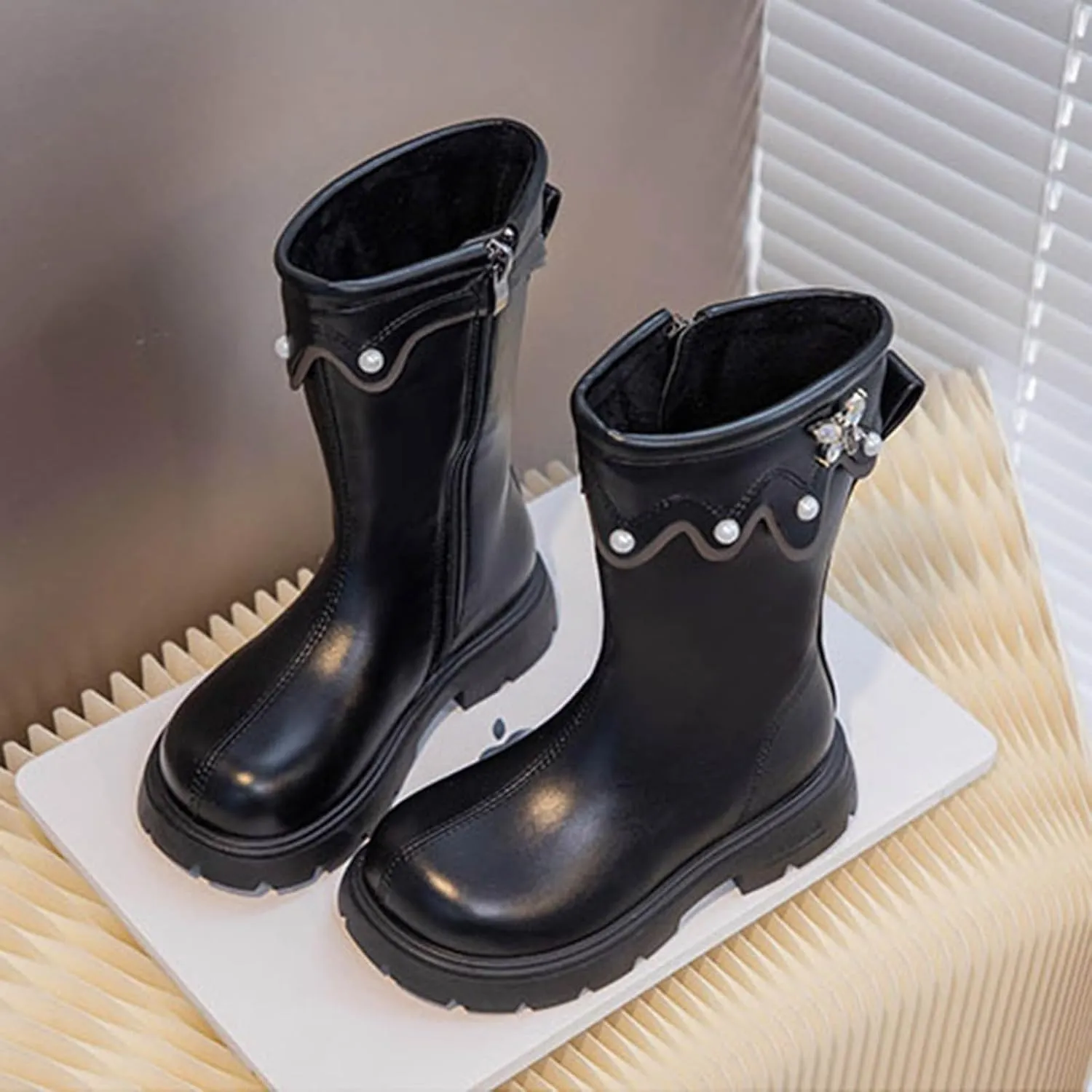 Girls Knee High Wateroof Winter Boots Pearl Butterfly Warm Lined Non Slip Riding Boot with Side Kids Snow Boots Kids