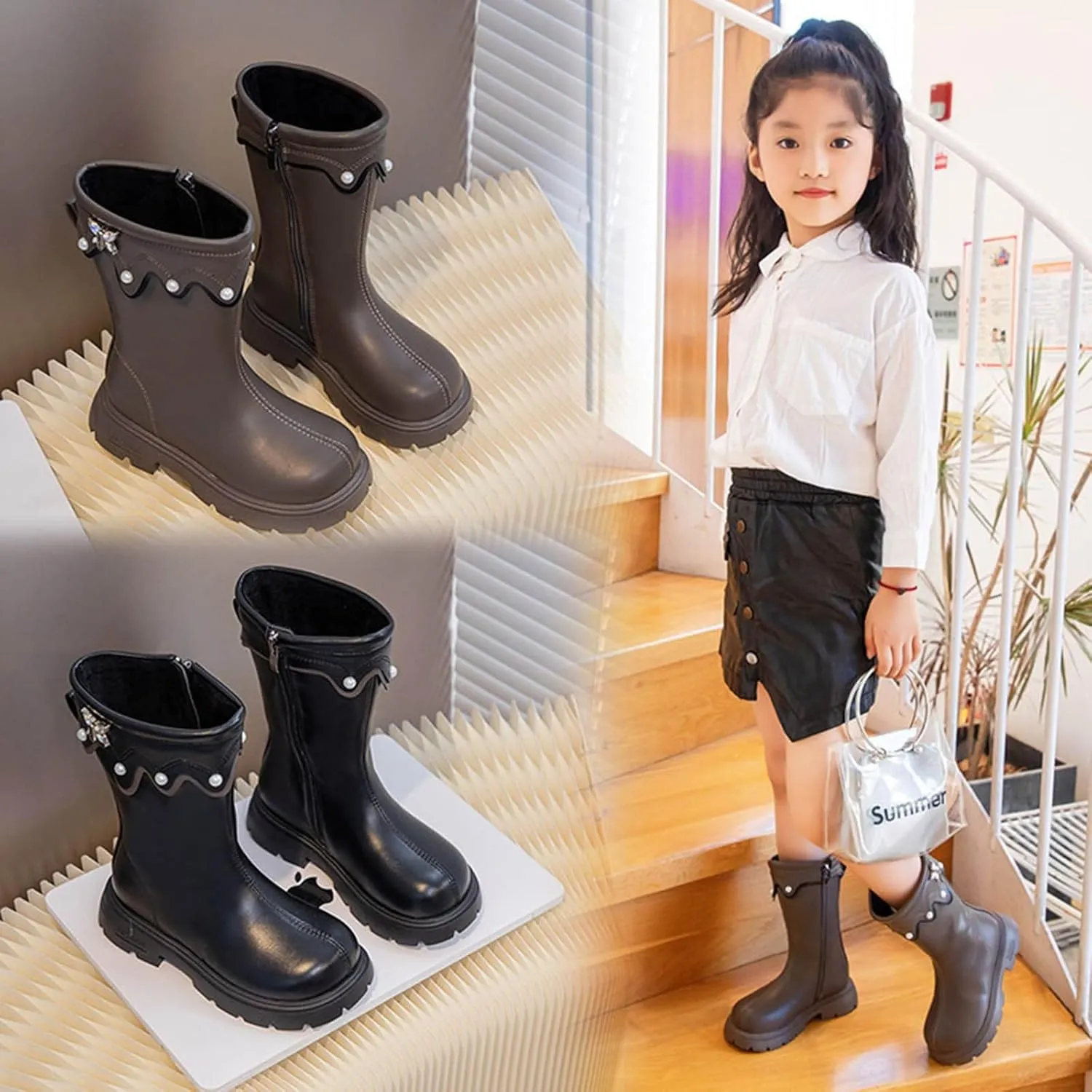Girls Knee High Wateroof Winter Boots Pearl Butterfly Warm Lined Non Slip Riding Boot with Side Kids Snow Boots Kids