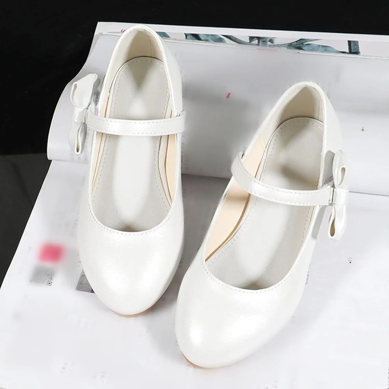 Girls Mary Jane Dress Shoes for Kids Bowknot Hook and Loop Low Heel Flower Girl Wedding Flat Princess Shoes