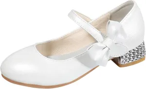 Girls Mary Jane Dress Shoes for Kids Bowknot Hook and Loop Low Heel Flower Girl Wedding Flat Princess Shoes