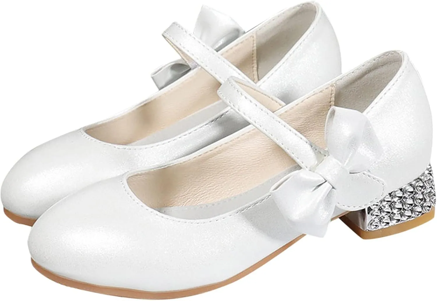 Girls Mary Jane Dress Shoes for Kids Bowknot Hook and Loop Low Heel Flower Girl Wedding Flat Princess Shoes