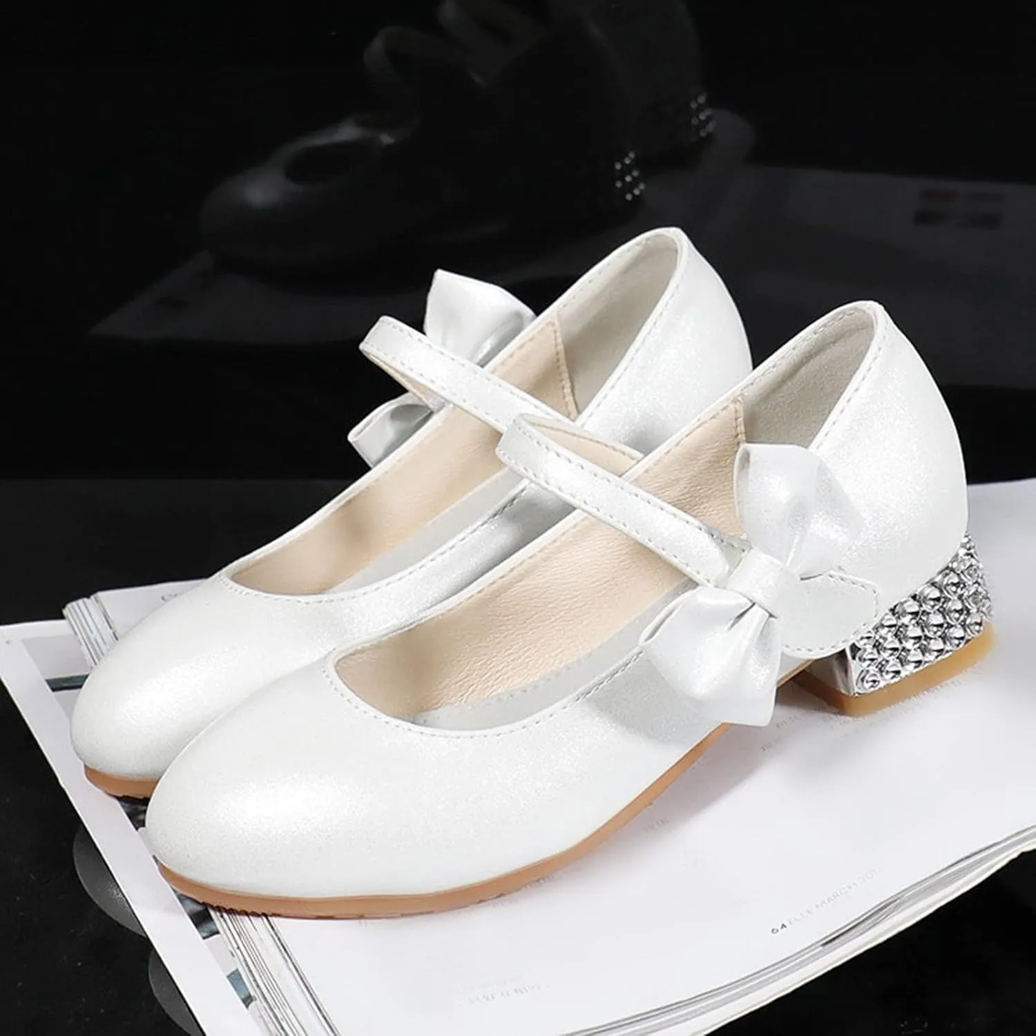 Girls Mary Jane Dress Shoes for Kids Bowknot Hook and Loop Low Heel Flower Girl Wedding Flat Princess Shoes