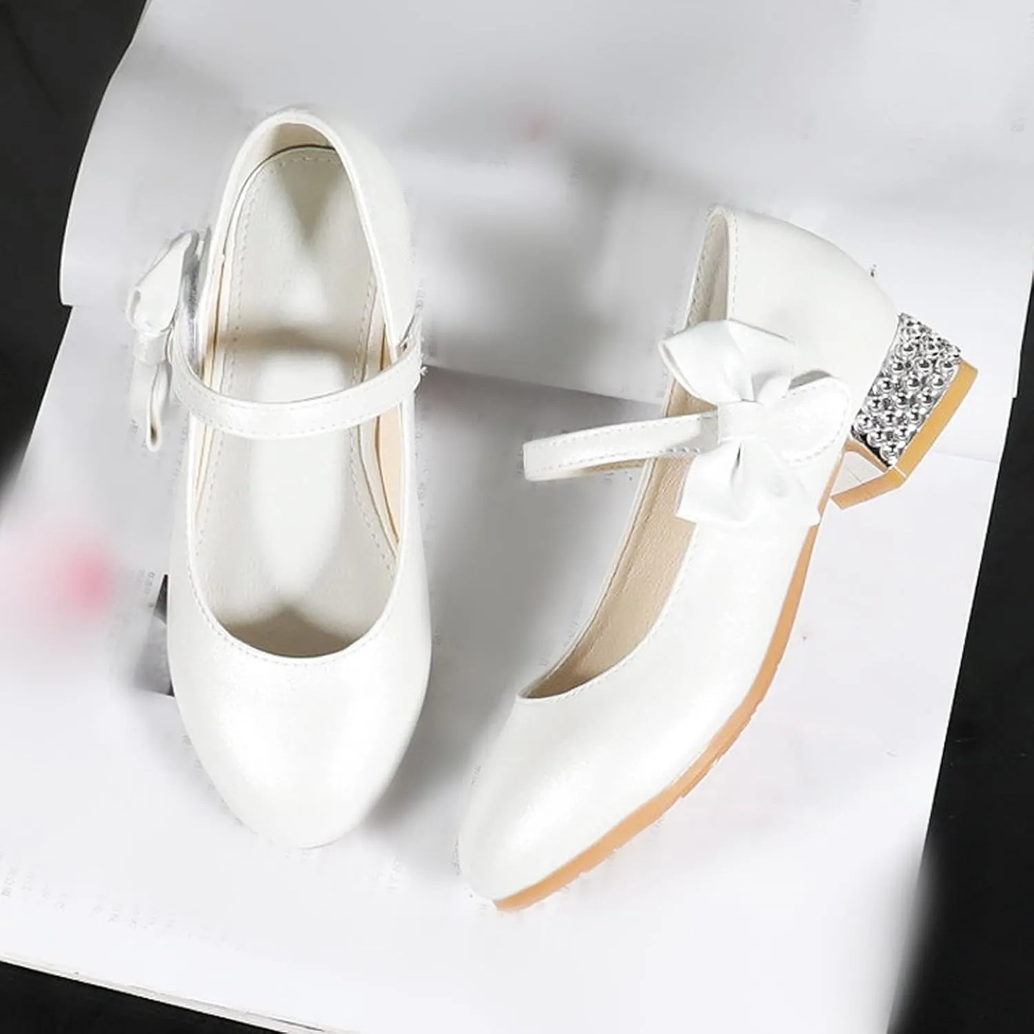 Girls Mary Jane Dress Shoes for Kids Bowknot Hook and Loop Low Heel Flower Girl Wedding Flat Princess Shoes