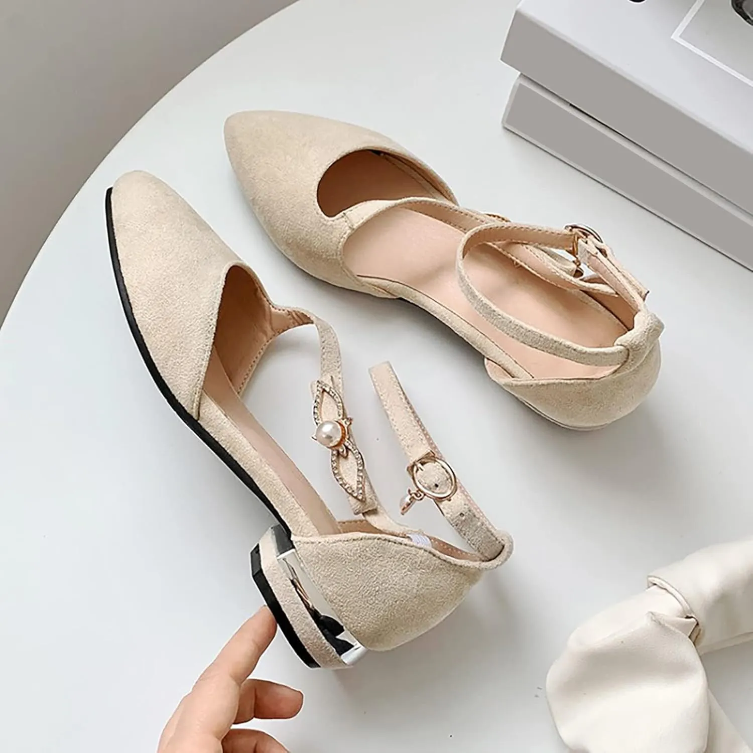 Hbeylia Ballet Flats for Women Ladies Fashion Cut Out Pearl Ankle Strap Lightweight Comfort Pointed Toe Low Heels Flats Walking Loafers Dress Sneakers Shoes for Beach Travel Dancer