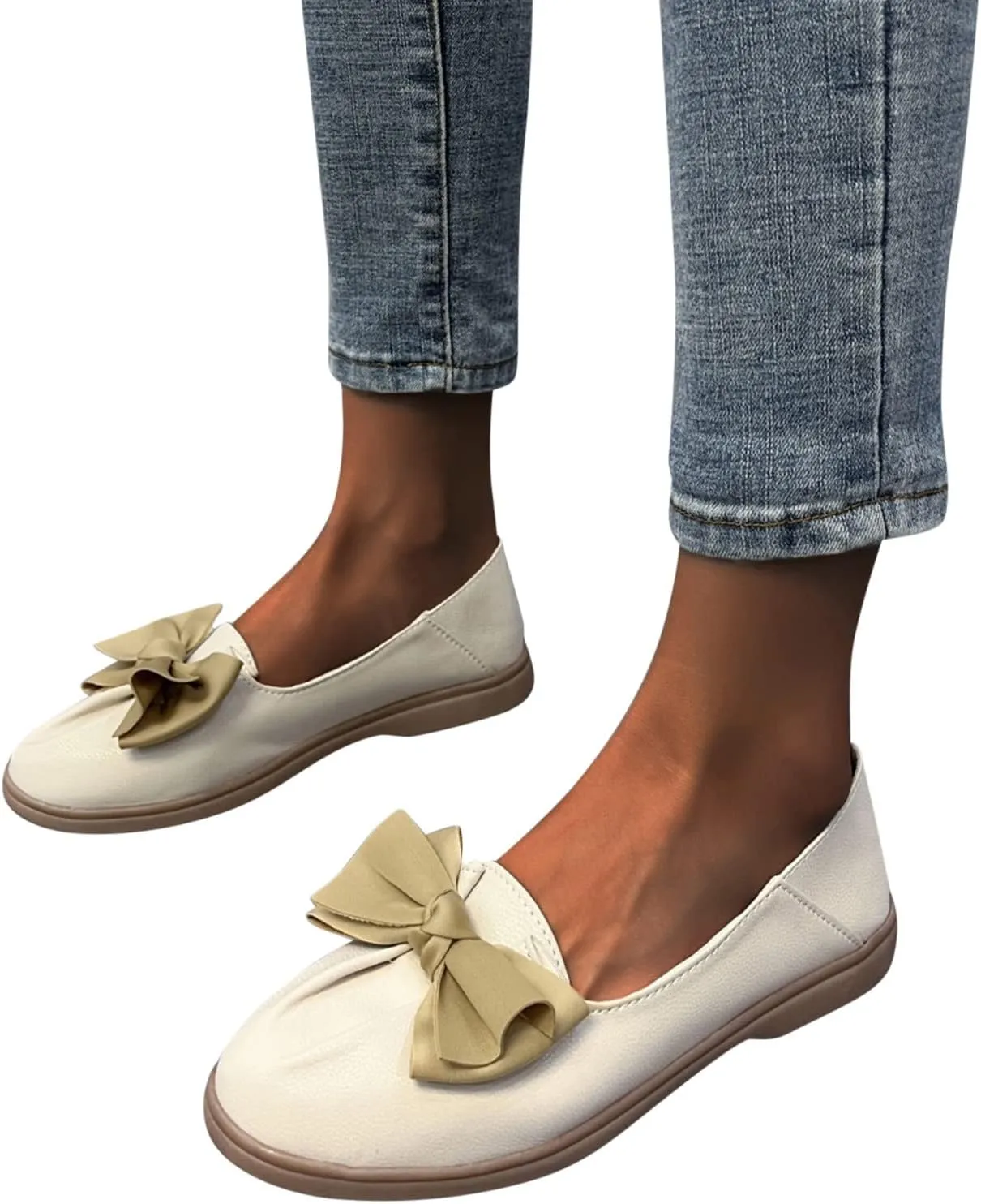 Hbeylia Women's Slip On Loafers Fashion Bowknot Design Leather Soft Comfort Round Toe Non Slip Low Heels Ballet Flats Lightweight Fall Business Formal Work Nurse Dress Loafers