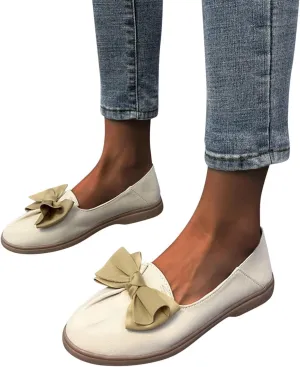 Hbeylia Women's Slip On Loafers Fashion Bowknot Design Leather Soft Comfort Round Toe Non Slip Low Heels Ballet Flats Lightweight Fall Business Formal Work Nurse Dress Loafers
