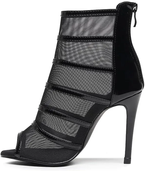HIPPOSEUS Women's Peep Toe Heel Dance Boots Breathable Mesh Ballroom Dance Boots with Zipper